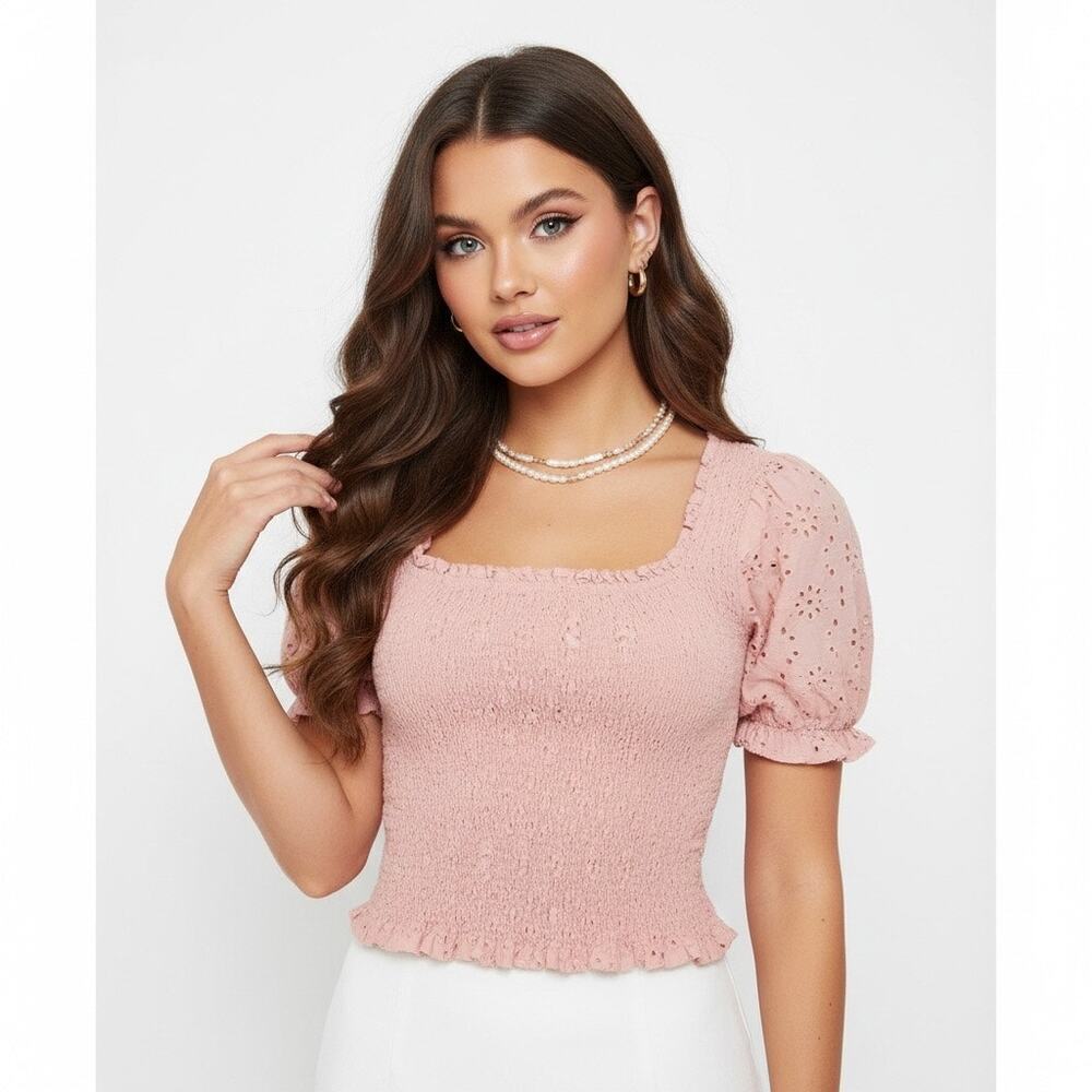 ASTR The Label Pink Smocked Eyelet Puff Sleeve Crop Top Coquette Cottagecore XS